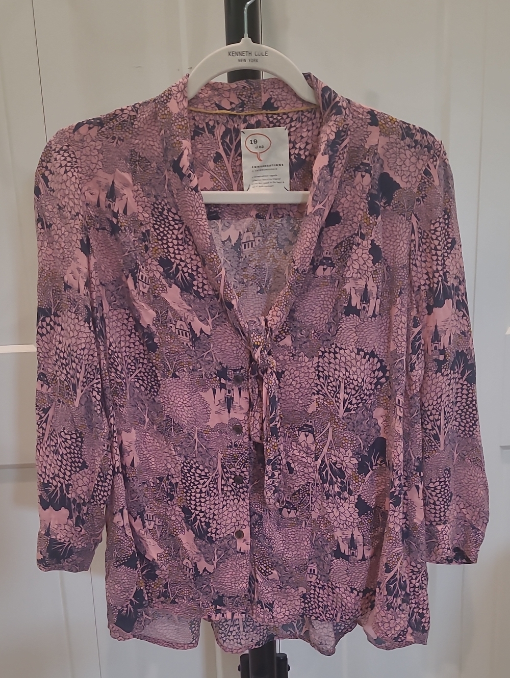 52 Conversations By Anthropologie Pink and Navy Scenic-Print Tie-Neck Blouse